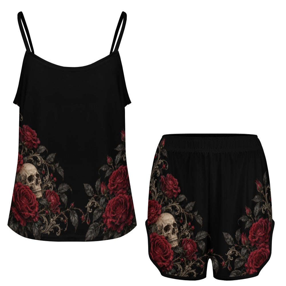 Elegant Gothic Burgundy Rose & Skull Cami Pajama Set