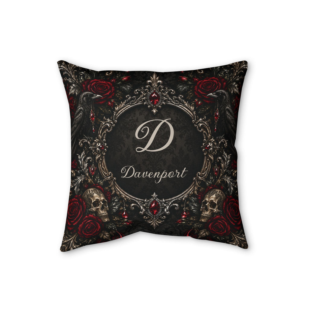 Personalized Elegant Gothic Throw Pillow — Custom Monogram, Skulls & Burgundy Roses