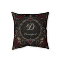 Personalized Elegant Gothic Throw Pillow — Custom Monogram, Skulls & Burgundy Roses