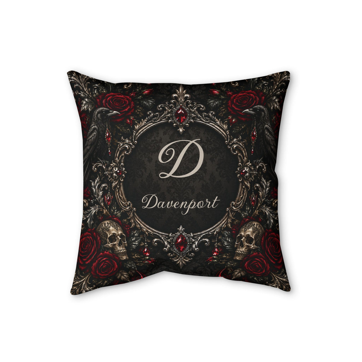 Personalized Elegant Gothic Throw Pillow — Custom Monogram, Skulls & Burgundy Roses