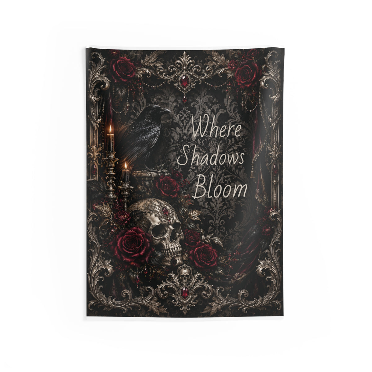 Elegant Gothic Wall Tapestry — Skull, Raven & Burgundy Roses | “Where Shadows Bloom”