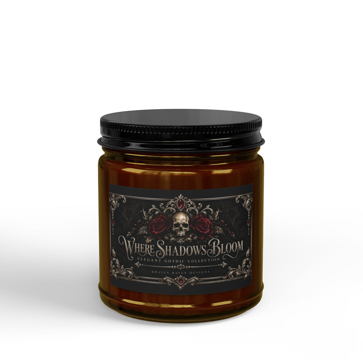 Where Shadows Bloom — Elegant Gothic Scented Soy Candle | Amber Jar, 4 oz & 9 oz