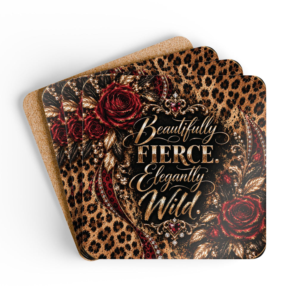 Wildly In Love Corkwood Coaster Set — “Beautifully Fierce, Elegantly Wild” Leopard & Burgundy Roses