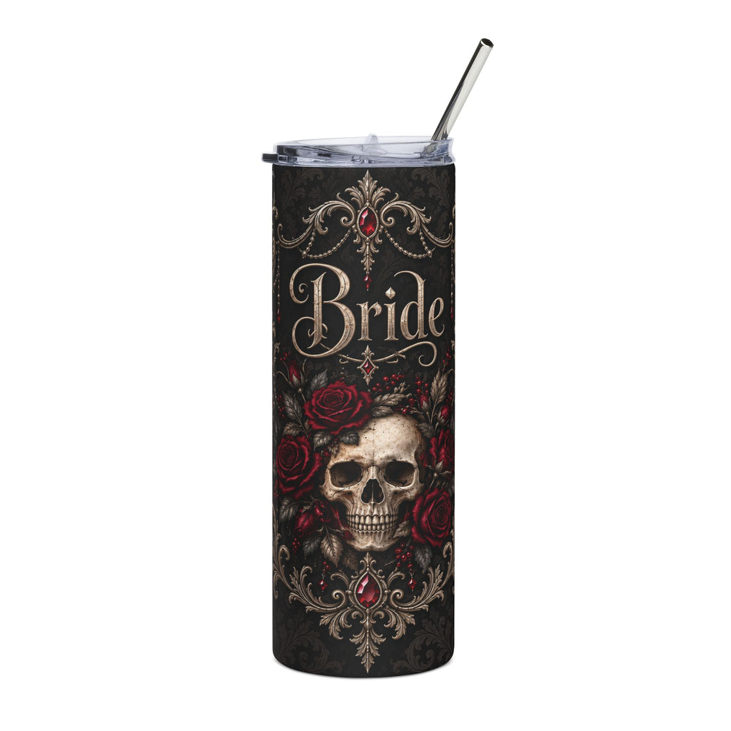 Elegant Gothic Bride Tumbler – Burgundy Roses & Skull Wedding Gift, 20 oz