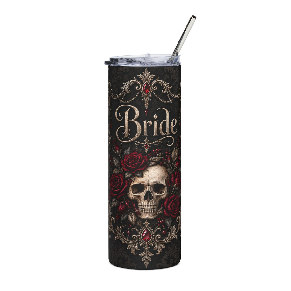 Elegant Gothic Bride Tumbler – Burgundy Roses & Skull Wedding Gift, 20 oz