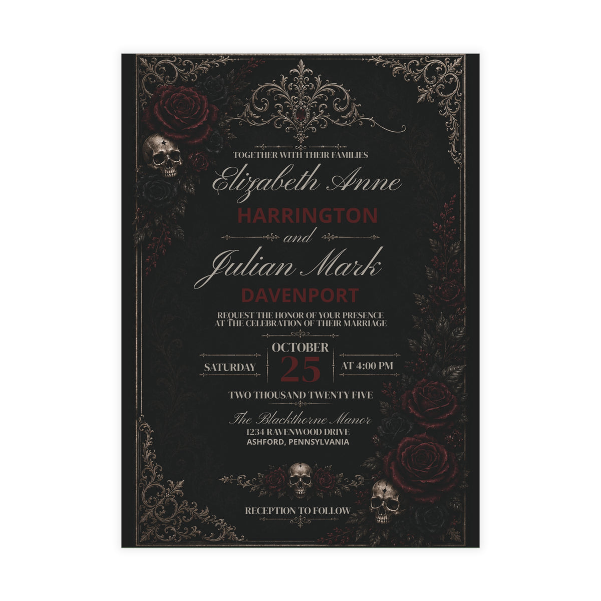 Elegant Gothic Wedding Invitation - Personalized Black & Burgundy Gothic Invitation