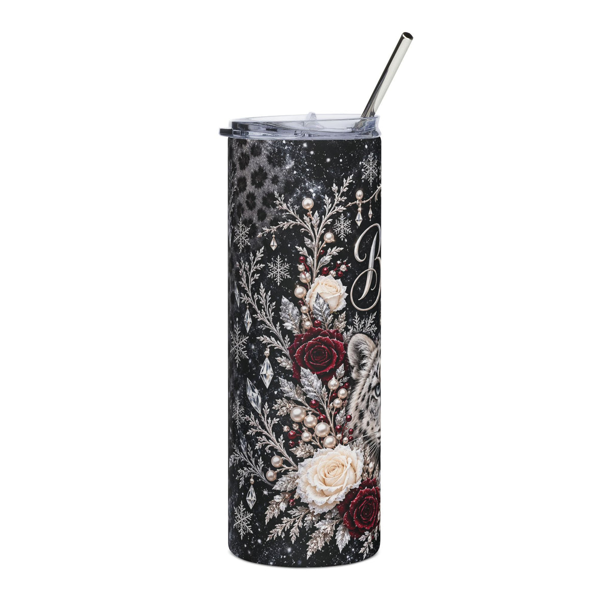 Snow Leopard Bride Tumbler – Winter Wedding Gift with Ivory & Burgundy Roses, 20 oz