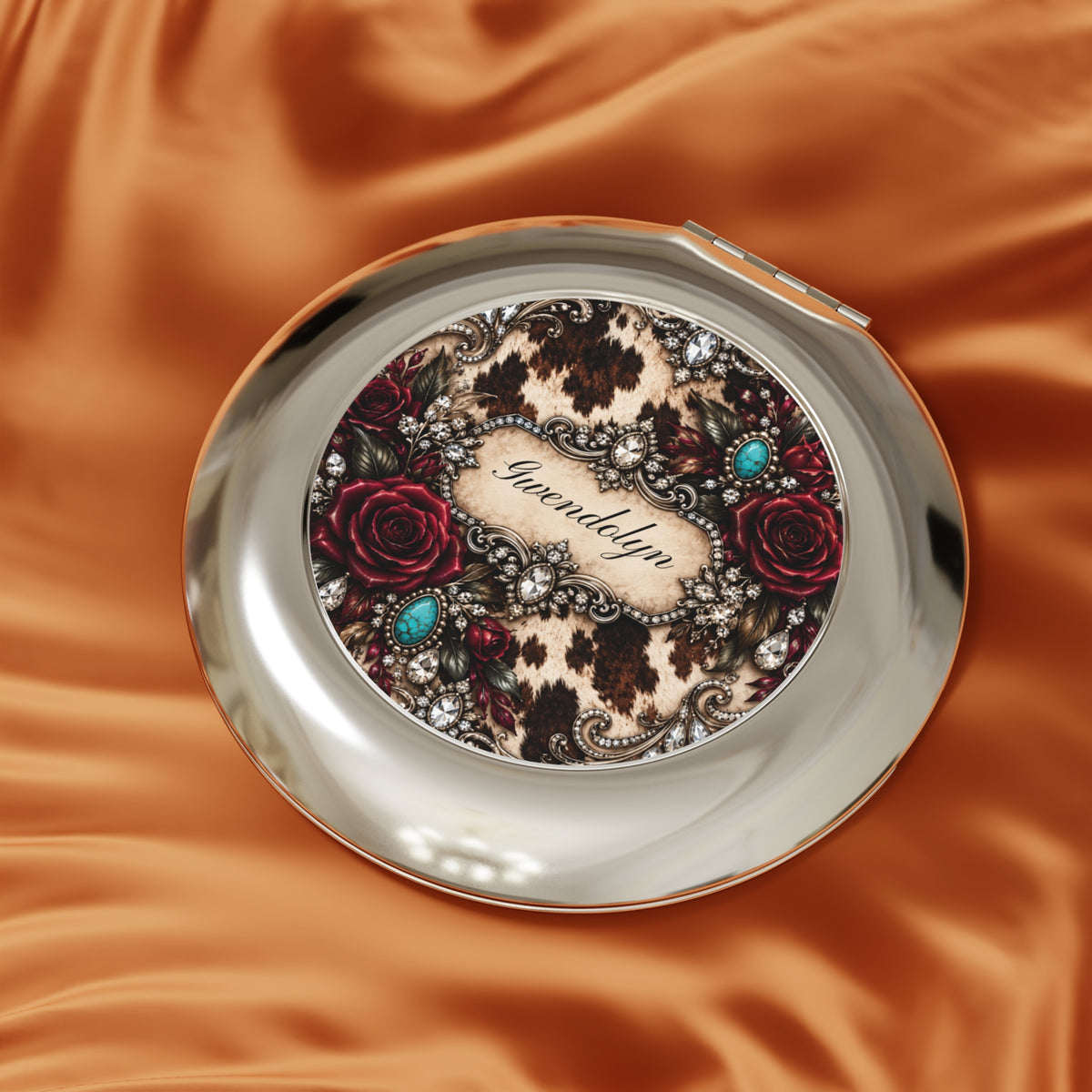 Personalized Cowhide Compact Mirror — Burgundy Roses, Rhinestones & Turquoise