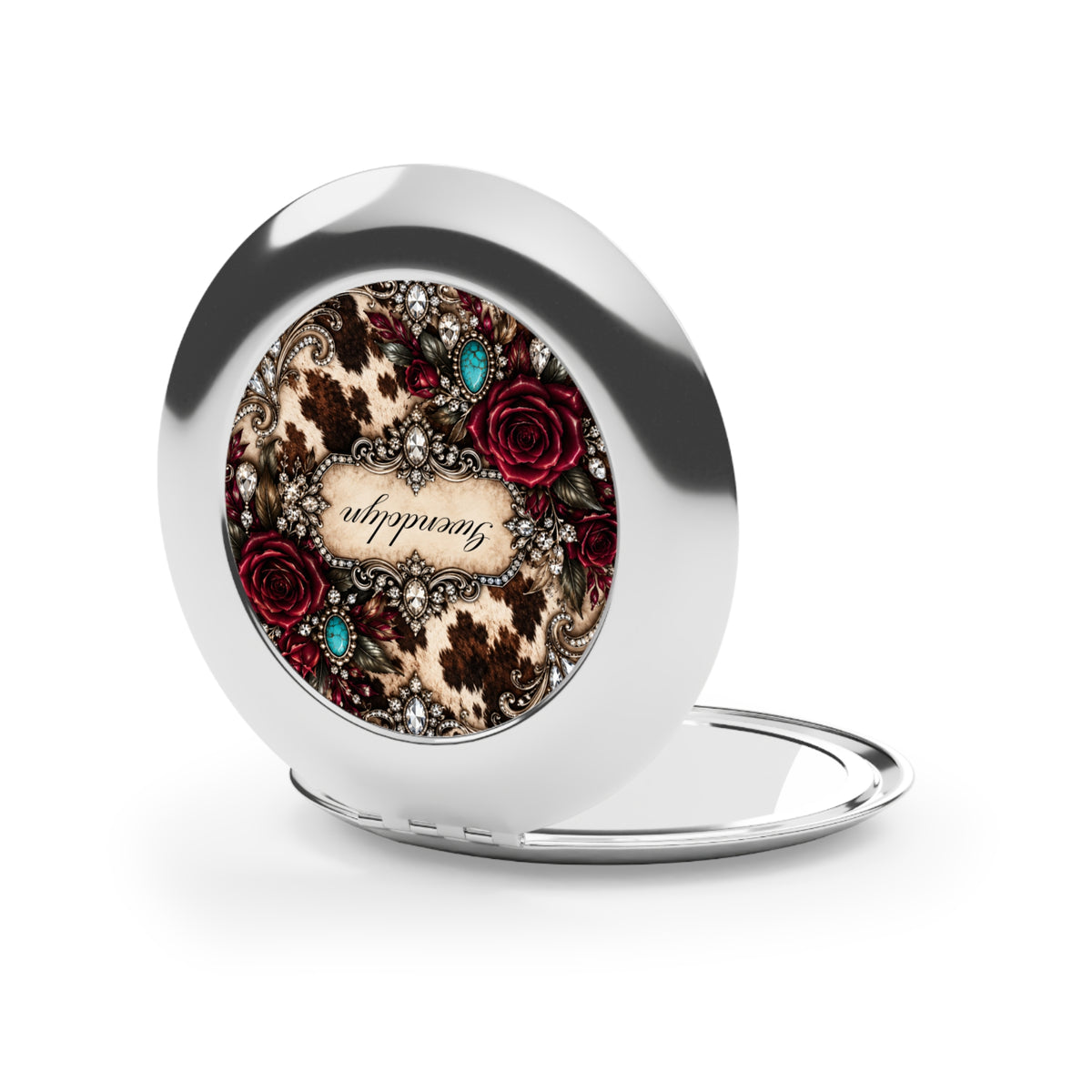 Personalized Cowhide Compact Mirror — Burgundy Roses, Rhinestones & Turquoise