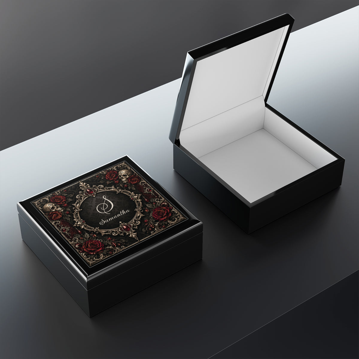 Personalized Elegant Gothic Jewelry Box — Custom Monogram, Skull & Burgundy Rose Keepsake