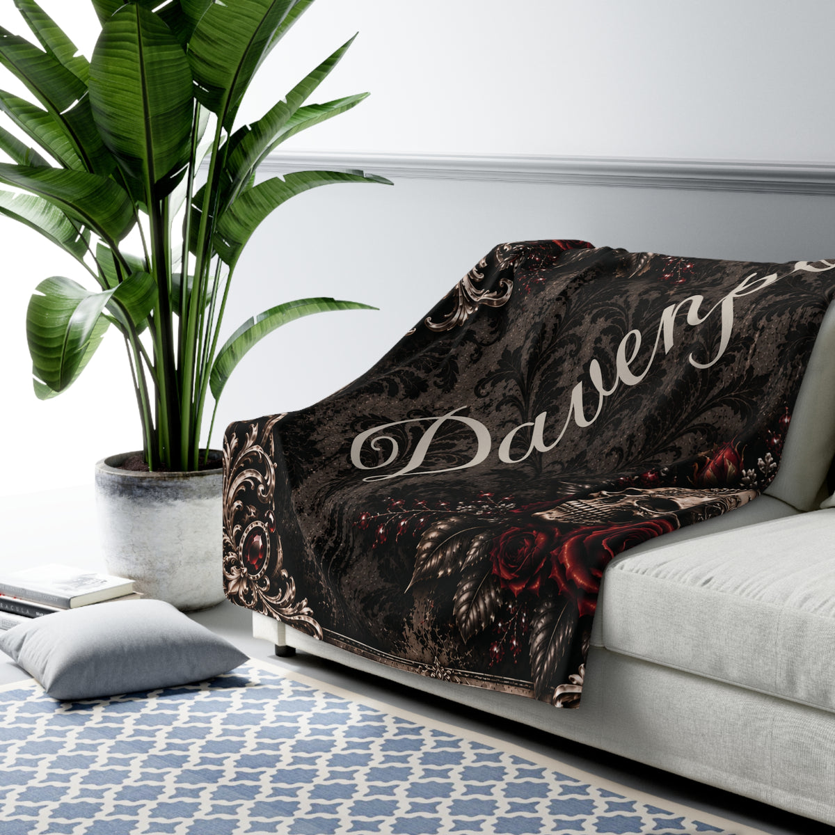 Personalized Elegant Gothic Sherpa Blanket — Custom Family Name, Skull & Burgundy Roses