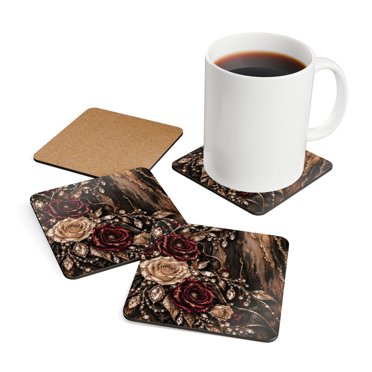 Champagne After Dark Corkwood Coaster Set — Burgundy Roses, Champagne Florals & Crystal