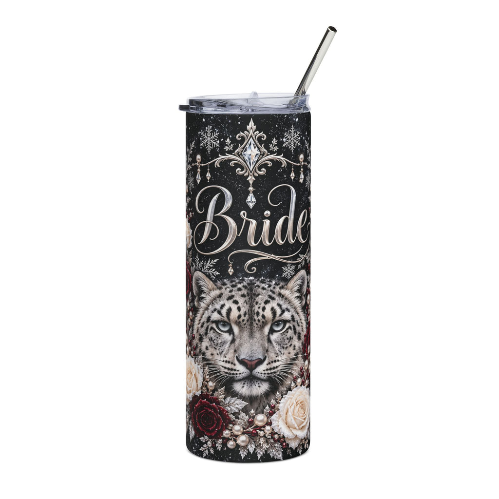 Snow Leopard Bride Tumbler – Winter Wedding Gift with Ivory & Burgundy Roses, 20 oz