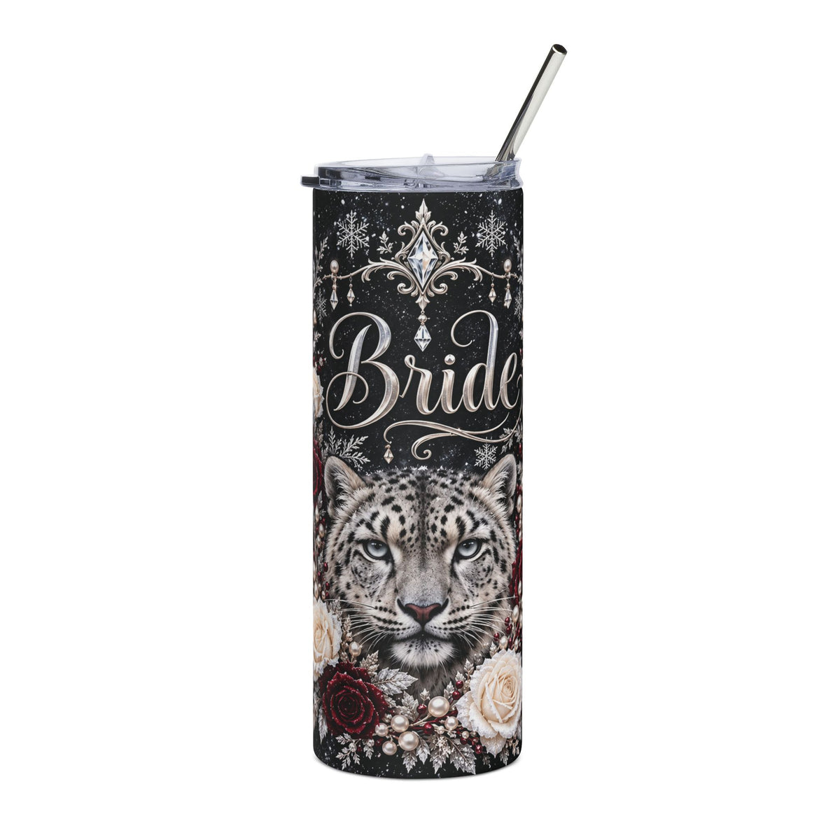 Snow Leopard Bride Tumbler – Winter Wedding Gift with Ivory & Burgundy Roses, 20 oz