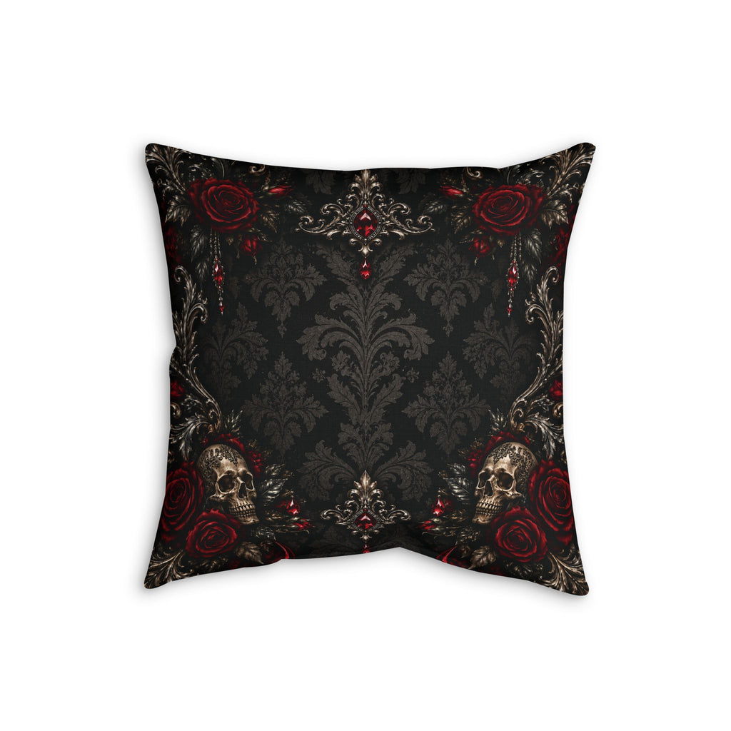 Personalized Elegant Gothic Throw Pillow — Custom Monogram, Skulls & Burgundy Roses
