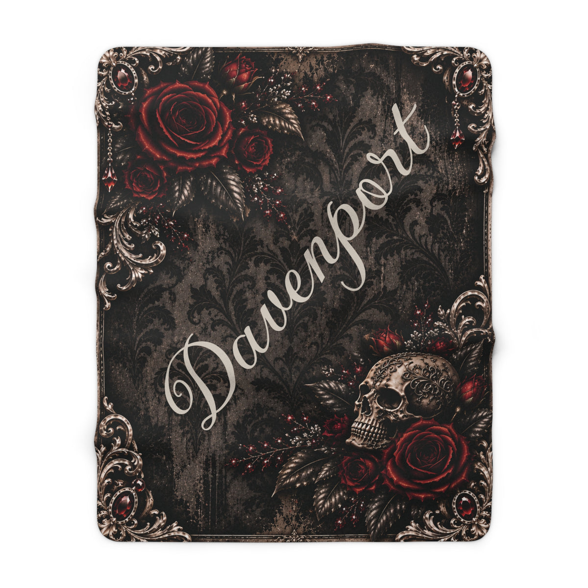 Personalized Elegant Gothic Sherpa Blanket — Custom Family Name, Skull & Burgundy Roses
