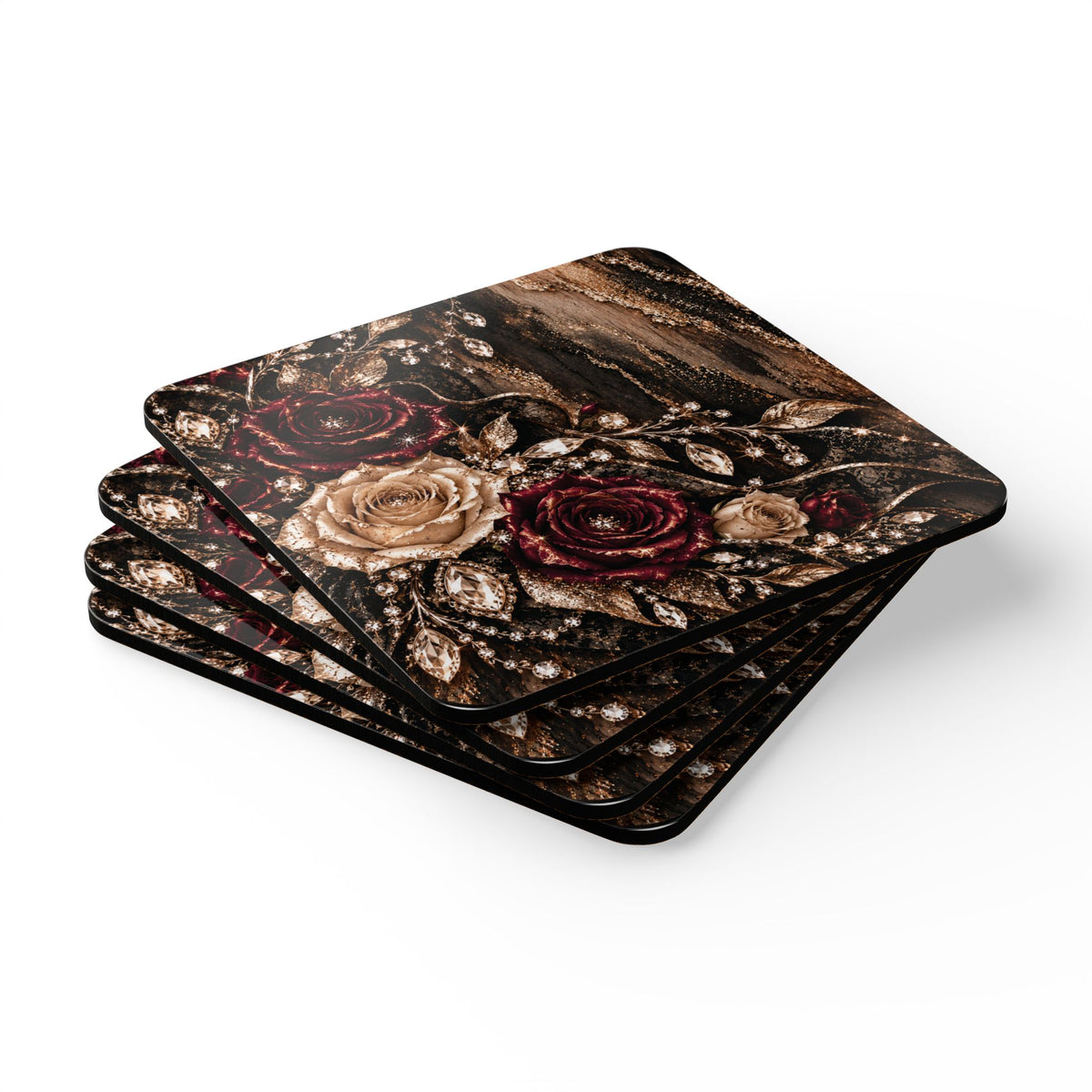 Champagne After Dark Corkwood Coaster Set — Burgundy Roses, Champagne Florals & Crystal