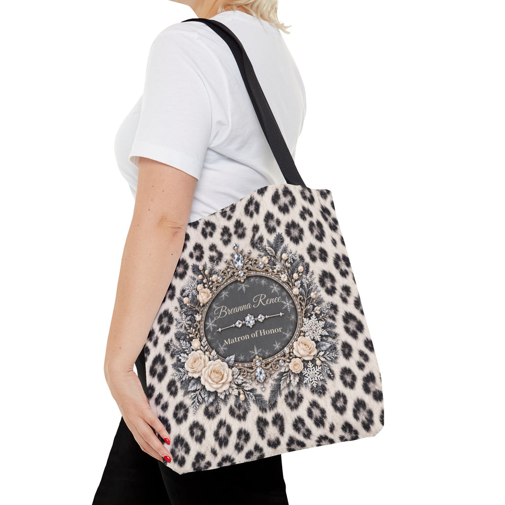 Snow Leopard Personalized Bridal Party Tote – Winter Wedding Gift, 16″ × 16″