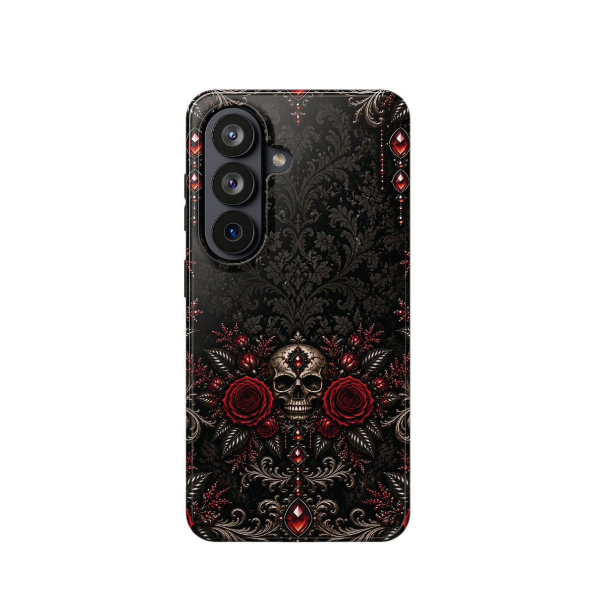 Where Shadows Bloom Gothic Phone Case — Skull & Burgundy Roses Impact-Resistant Case
