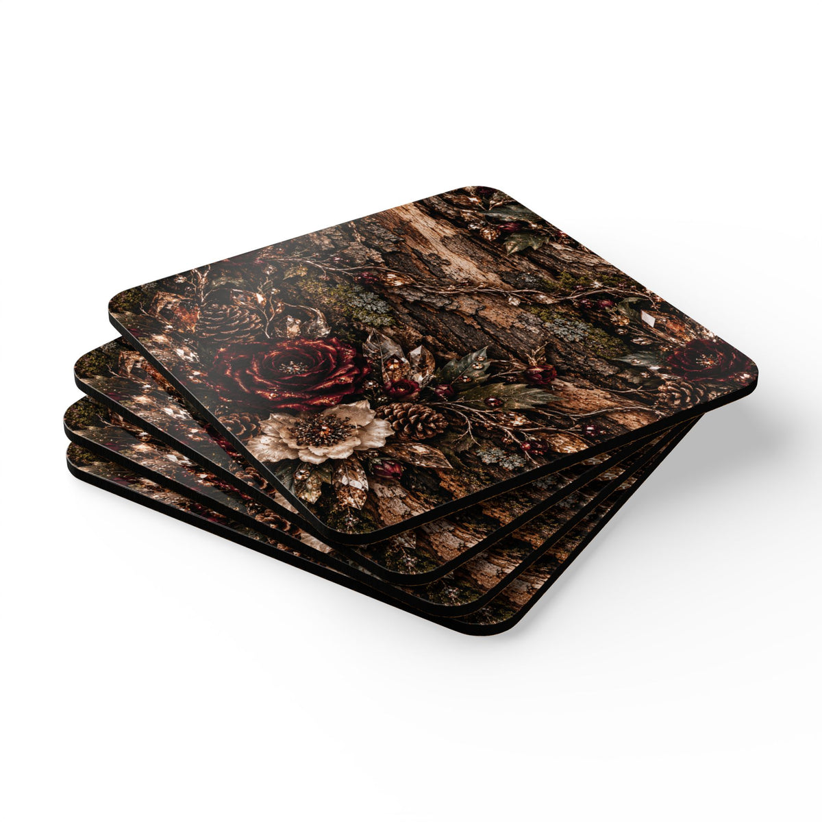 Moonlit Timber Corkwood Coaster Set — Rustic Bark, Burgundy Florals & Crystal Woodland Design