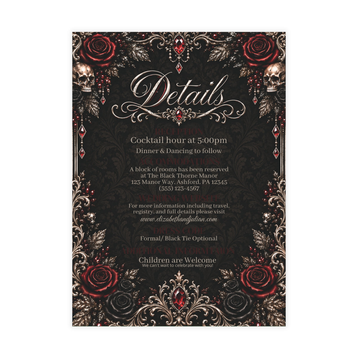 Elegant Gothic Details Card – Personalized Wedding Details