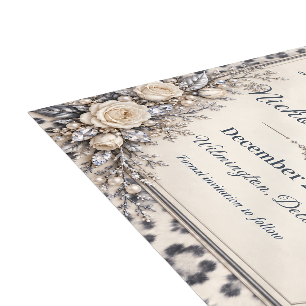 Snow Leopard Personalized Save the Date Cards – Ivory Roses & Winter Elegance, 5×7 (envelopes included)