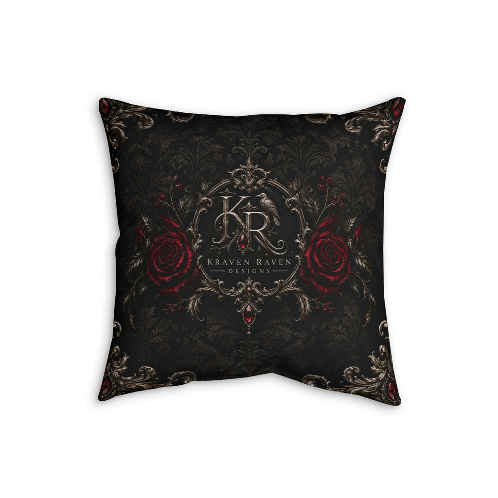 Where Shadows Bloom — Gothic Skull & Burgundy Rose Faux Linen Pillow