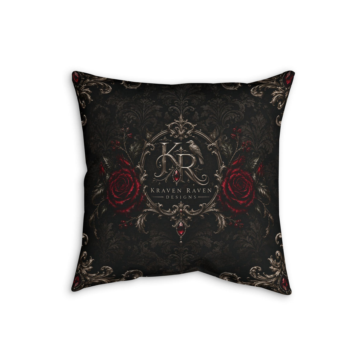 Where Shadows Bloom — Gothic Skull & Burgundy Rose Faux Linen Pillow