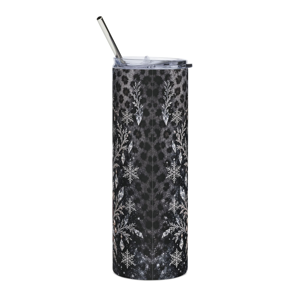 Snow Leopard Bride Tumbler – Winter Wedding Gift with Ivory & Burgundy Roses, 20 oz