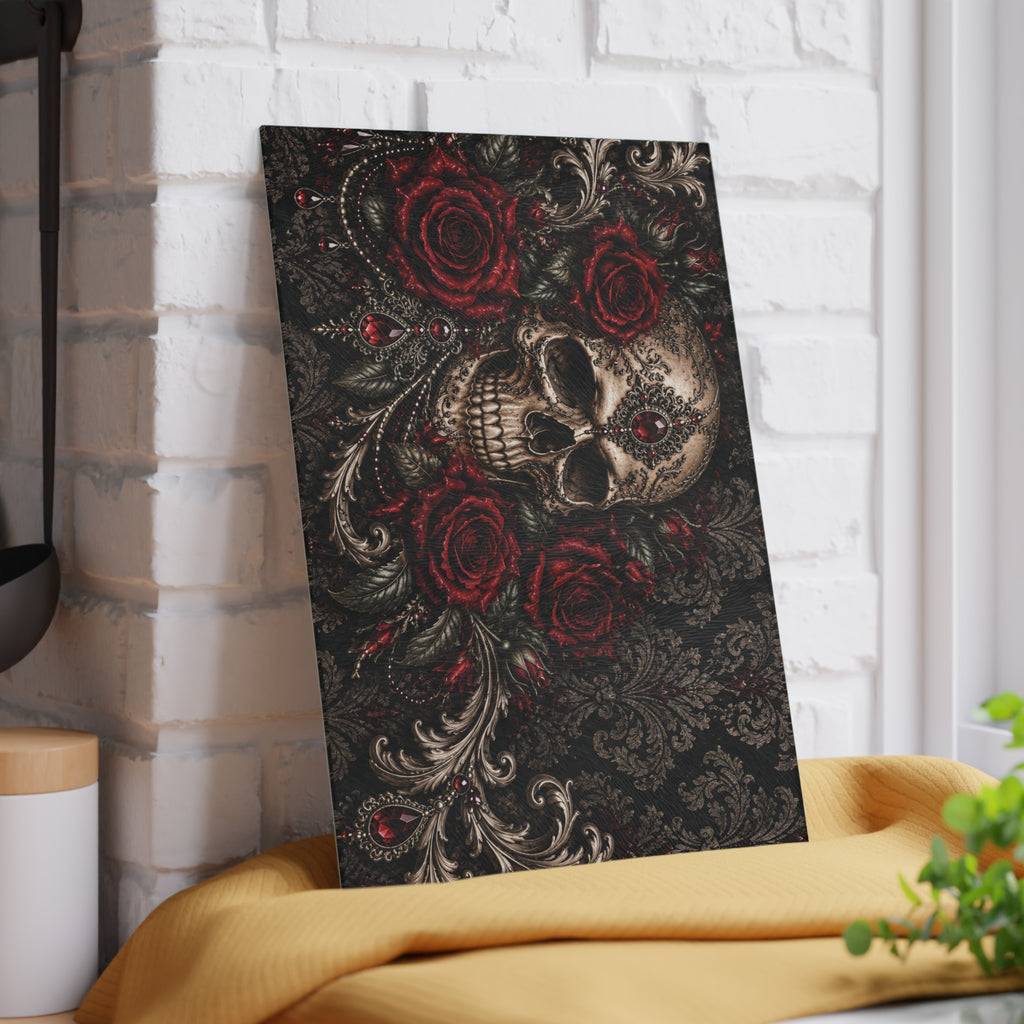 Where Shadows Bloom Gothic Glass Cutting Board — Skull & Burgundy Roses
