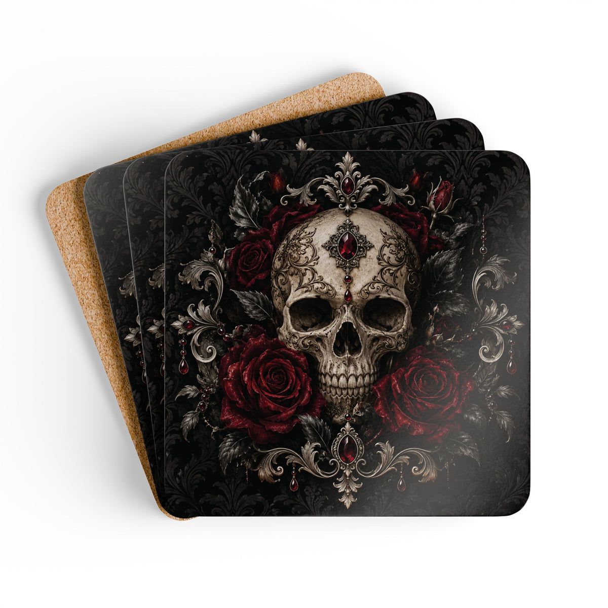 Where Shadows Bloom Gothic Coaster Set — Skull & Burgundy Roses (Set of 4)
