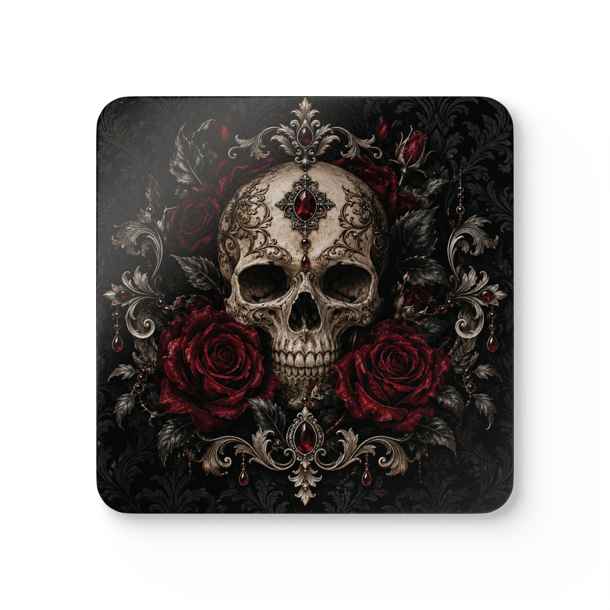 Where Shadows Bloom Gothic Coaster Set — Skull & Burgundy Roses (Set of 4)