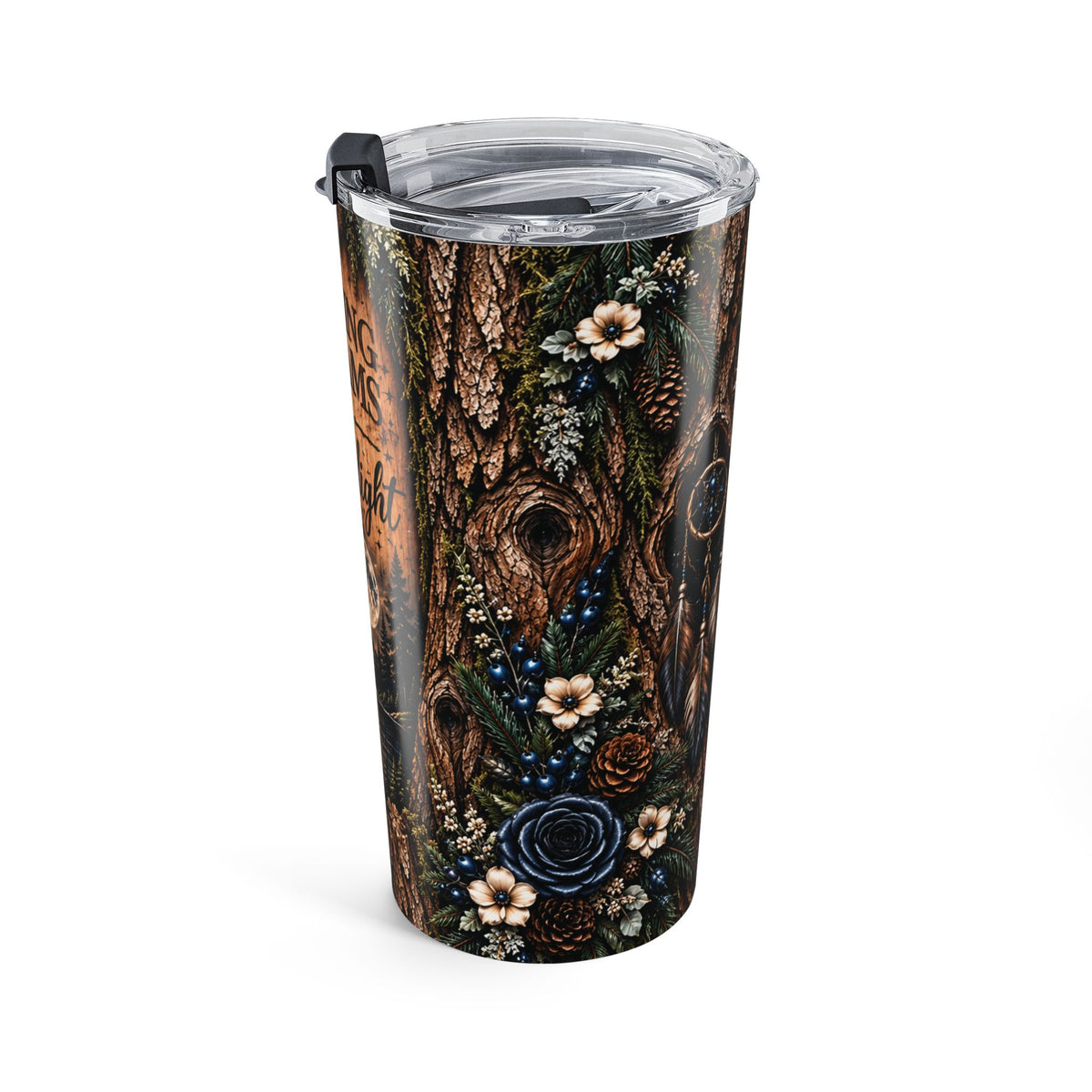 Moonlit Timber 20oz Tumbler — “Chasing Dreams by Moonlight” Rustic Woodland Travel Cup