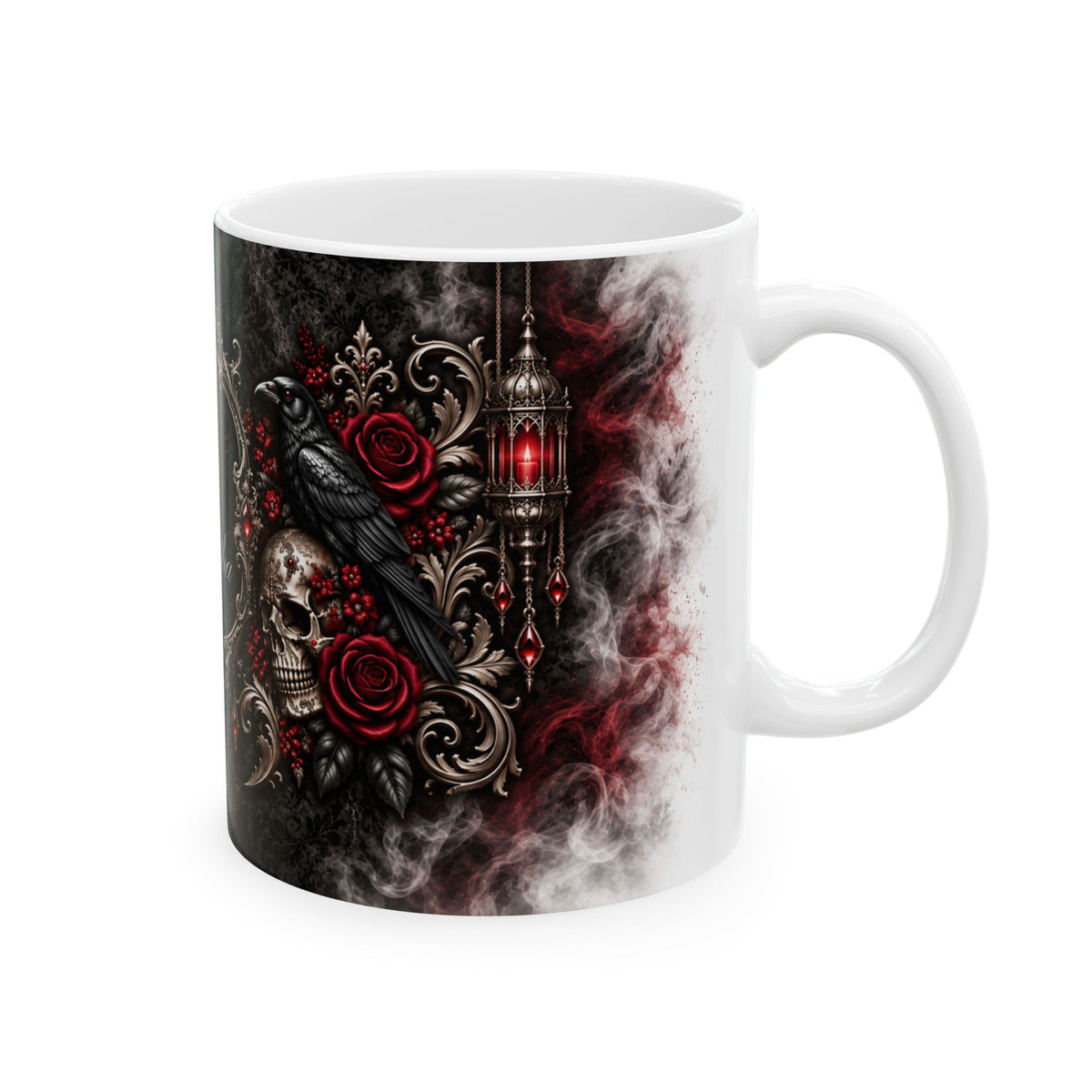 Personalized Elegant Gothic Monogram Mug — Skull, Raven & Red Jewel Design (11oz/15oz)