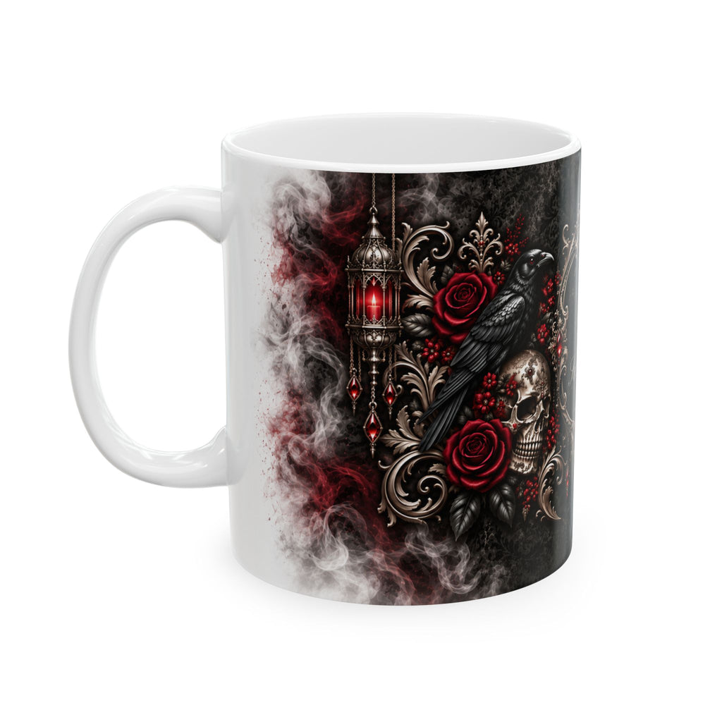 Personalized Elegant Gothic Monogram Mug — Skull, Raven & Red Jewel Design (11oz/15oz)