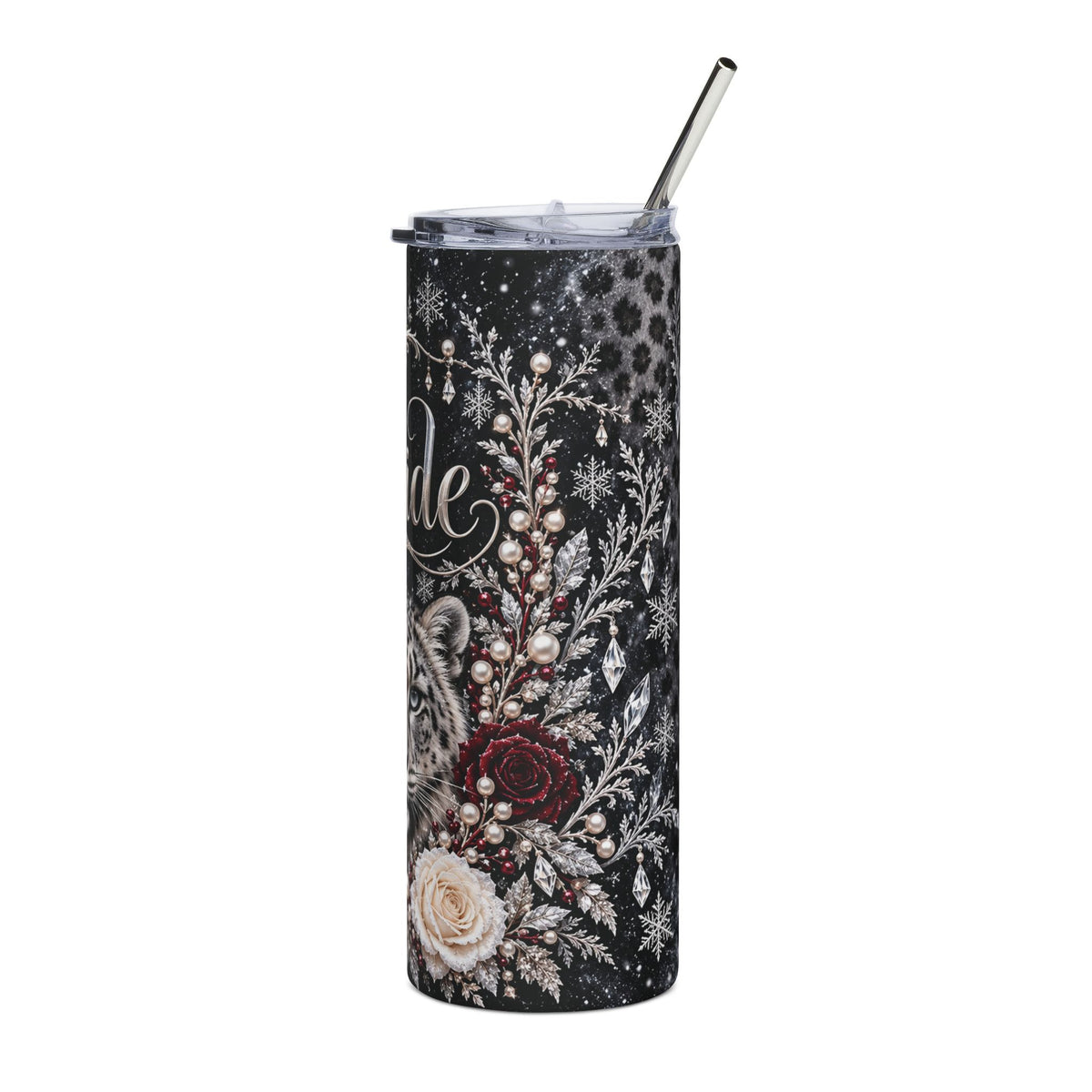 Snow Leopard Bride Tumbler – Winter Wedding Gift with Ivory & Burgundy Roses, 20 oz