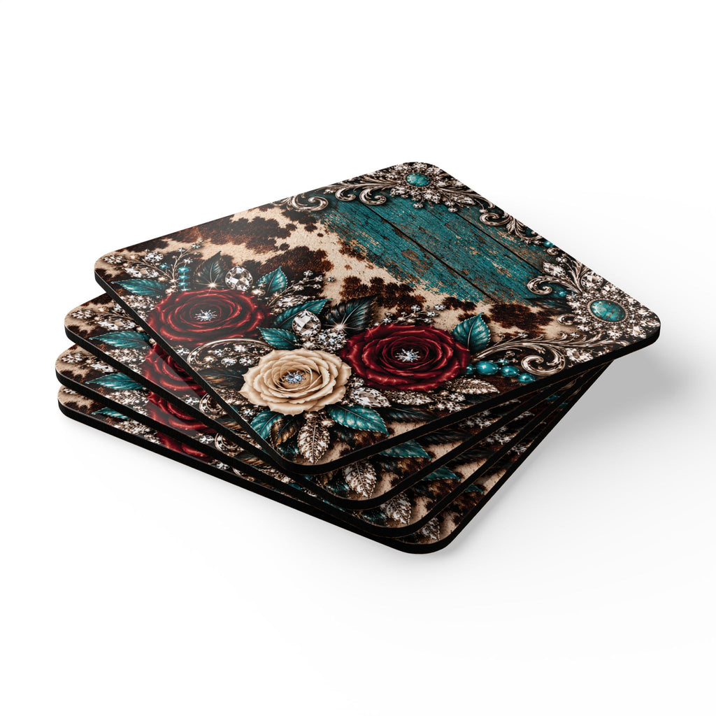 Dust & Diamonds Corkwood Coaster Set — Cowhide, Burgundy Roses & Turquoise Western