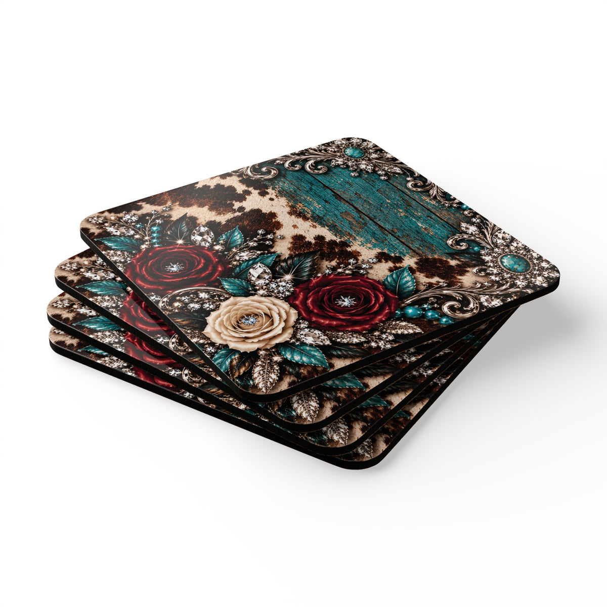Dust & Diamonds Corkwood Coaster Set — Cowhide, Burgundy Roses & Turquoise Western