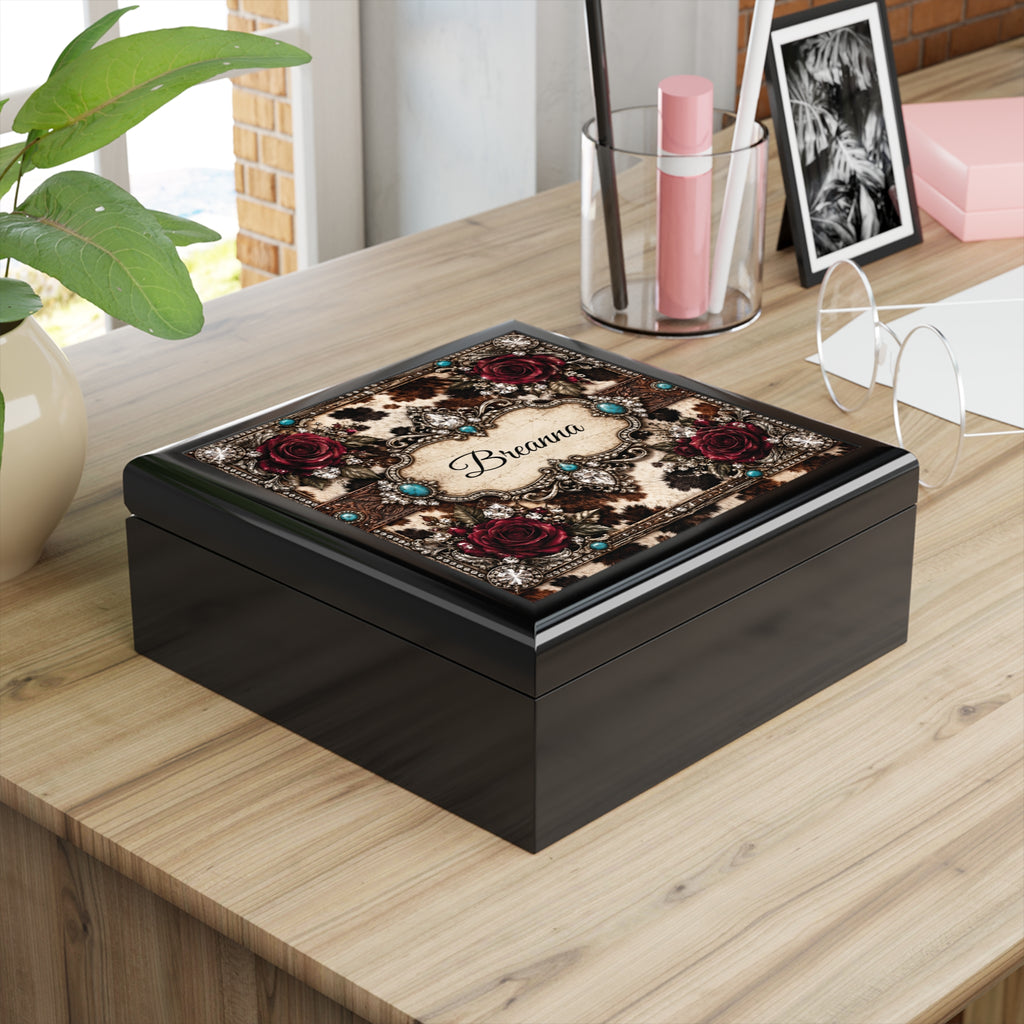 Dust & Diamonds Personalized Jewelry Box — Cowhide, Burgundy Roses & Rhinestone Design