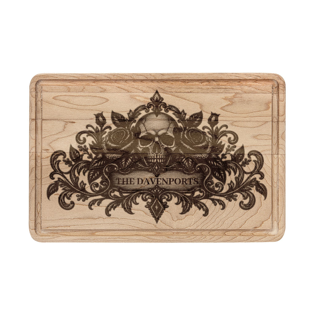 Where Shadows Bloom Personalized Gothic Cutting Board — Engraved Skull & Roses