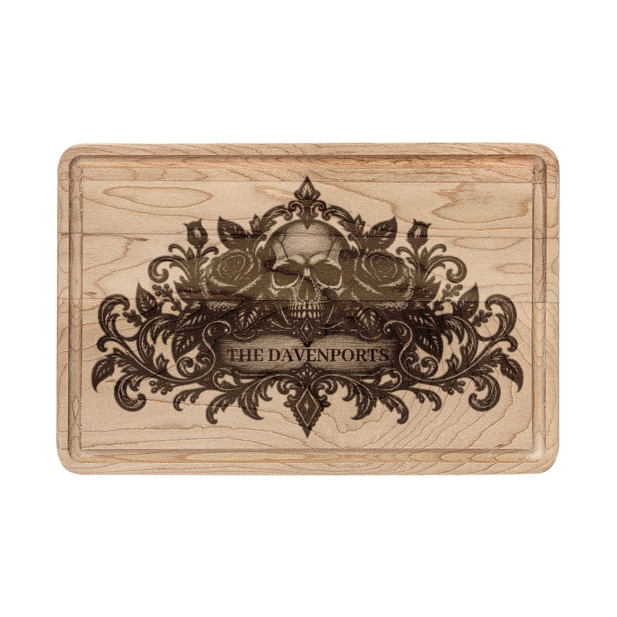 Where Shadows Bloom Personalized Gothic Cutting Board — Engraved Skull & Roses