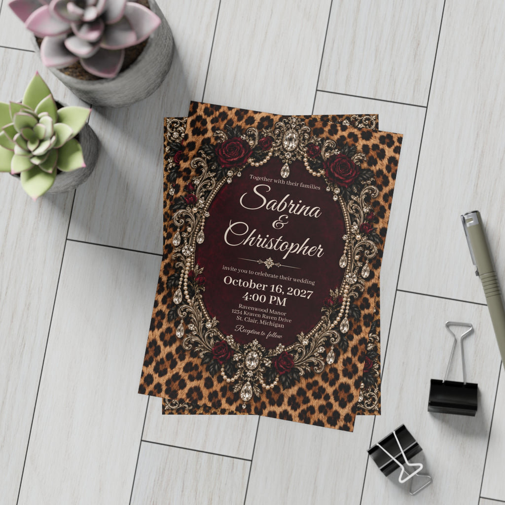 Wildly in Love Personalized Wedding Invitations – Cheetah & Burgundy Roses, 5×7