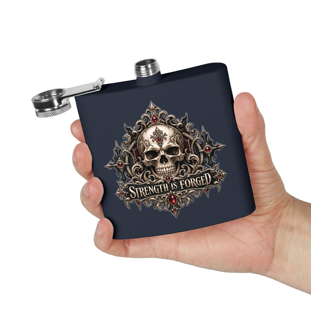 Strength Is Forged 6oz Stainless Steel Flask – Elegant Gothic Men’s Collection | Kraven Raven Designs