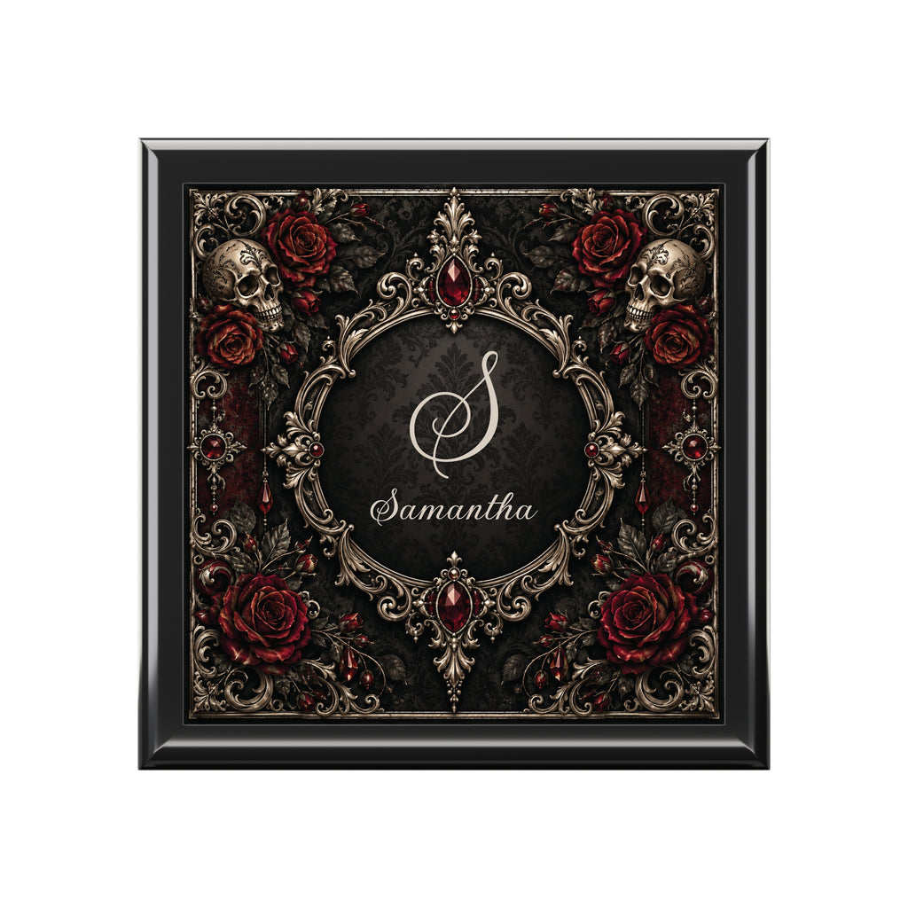 Personalized Elegant Gothic Jewelry Box — Custom Monogram, Skull & Burgundy Rose Keepsake
