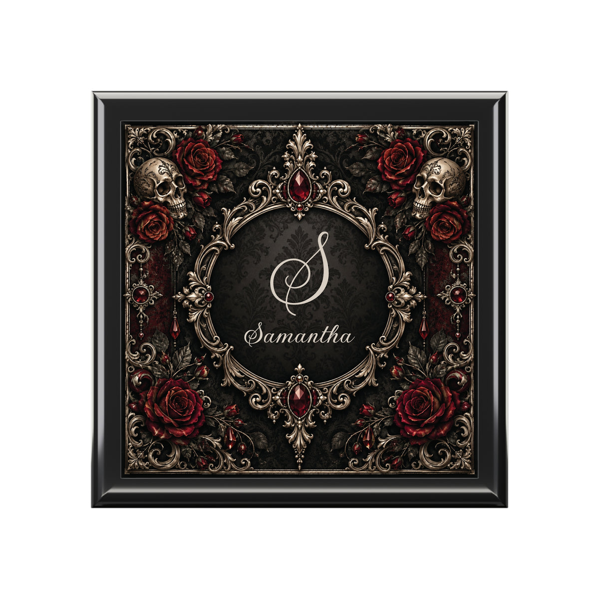 Personalized Elegant Gothic Jewelry Box — Custom Monogram, Skull & Burgundy Rose Keepsake