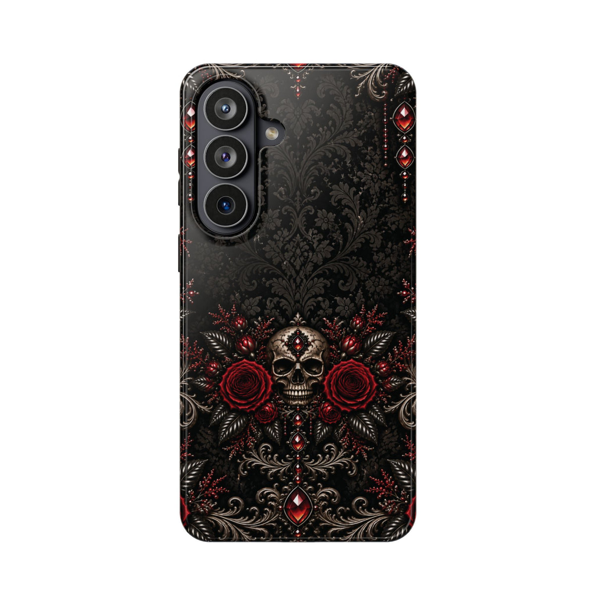 Where Shadows Bloom Gothic Phone Case — Skull & Burgundy Roses Impact-Resistant Case