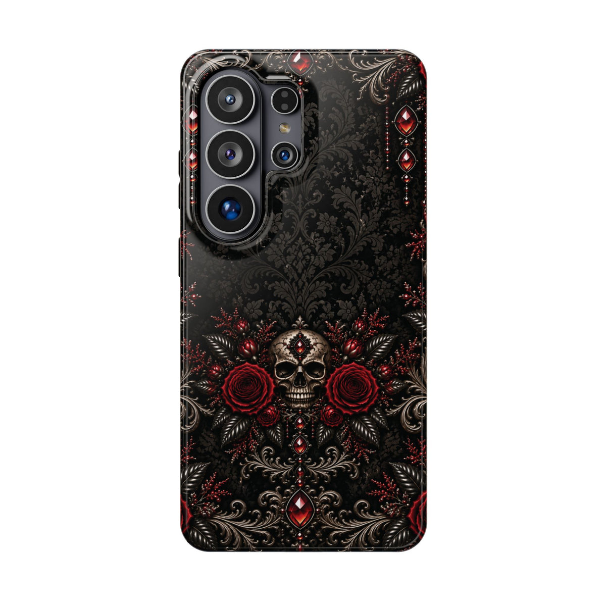 Where Shadows Bloom Gothic Phone Case — Skull & Burgundy Roses Impact-Resistant Case