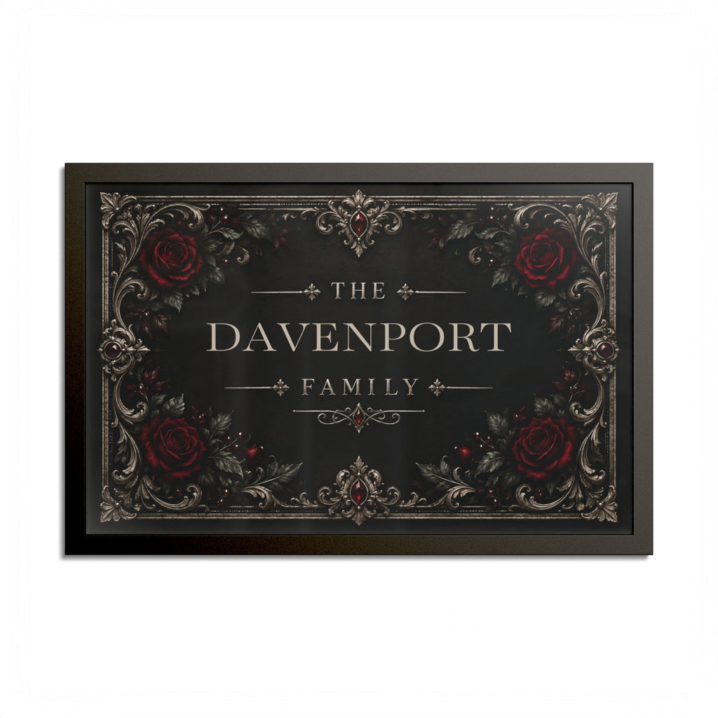 Personalized Elegant Gothic Family Name Sign | Black Framed Wall Art, 24 × 16