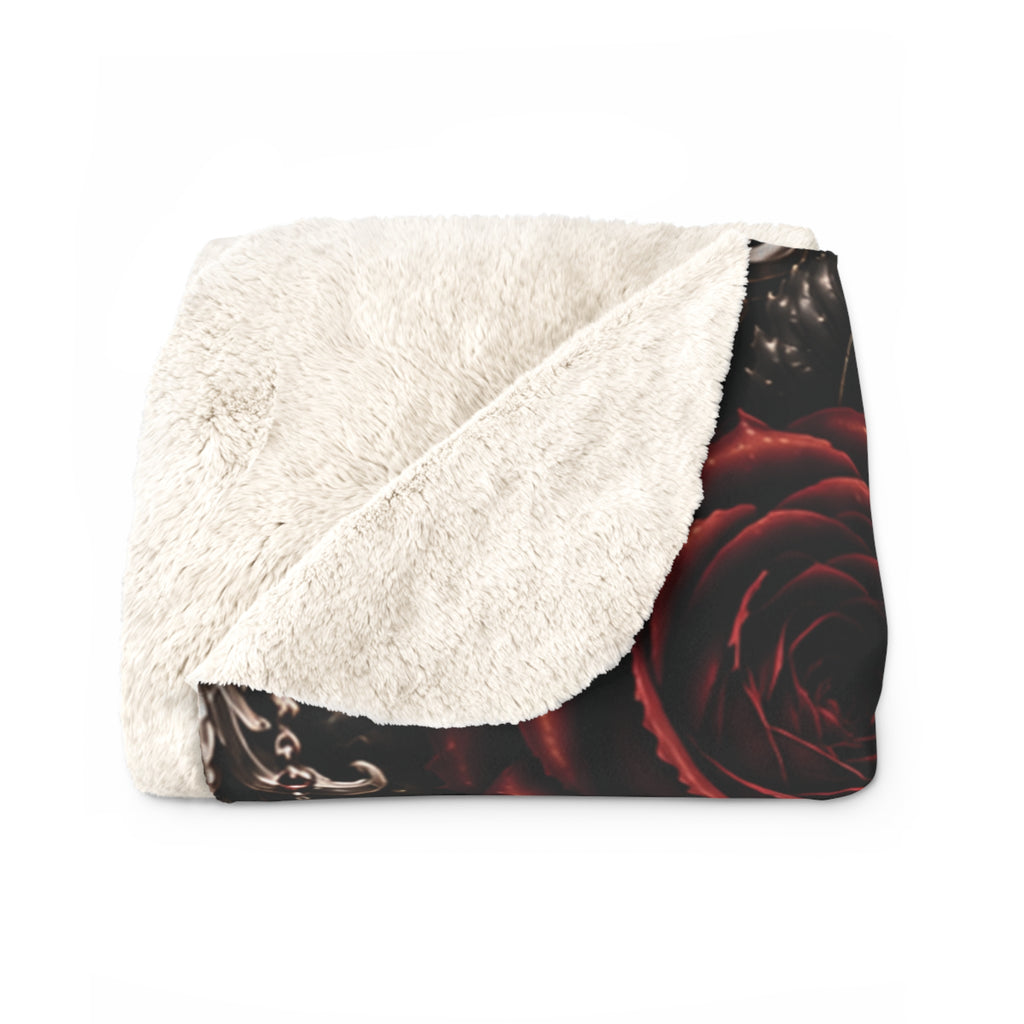 Personalized Elegant Gothic Sherpa Blanket — Custom Family Name, Skull & Burgundy Roses