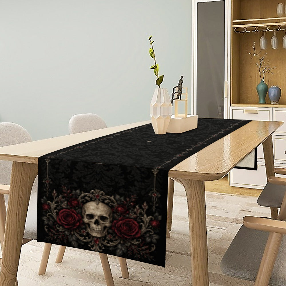 Elegant Gothic Skull & Burgundy Rose Table Runner